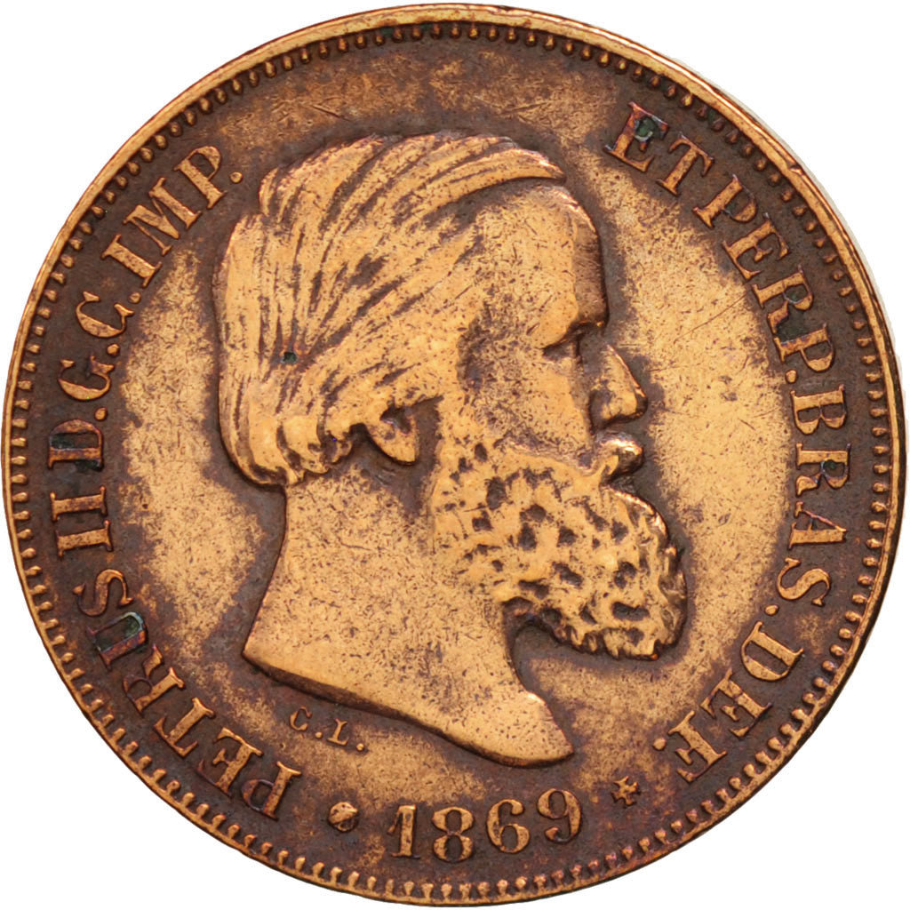 Brazil, Pedro II, 10 Reis, 1869, EF(40-45), Bronze, KM:473