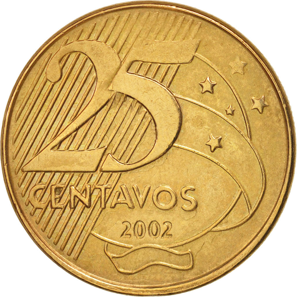 Coin, Brazil, 25 Centavos, 2002, EF(40-45), Bronze Plated Steel, KM:650