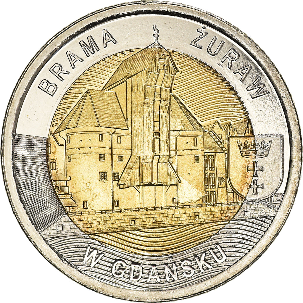 Munten, Polen, The Crane Gate in Gdańsk, 5 Zlotych, 2021, UNC-, Bi-Metallic