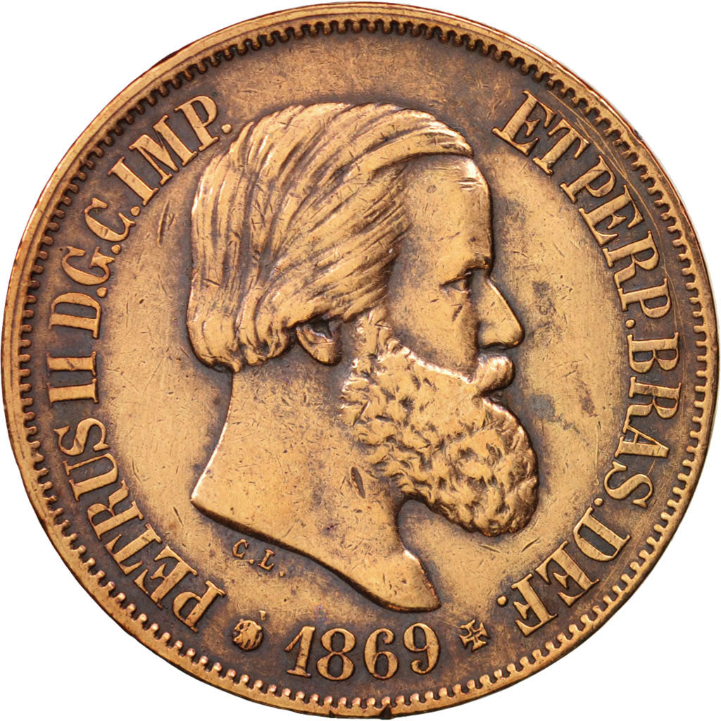 Brazil, Pedro II, 20 Reis, 1869, EF(40-45), Bronze, KM:474