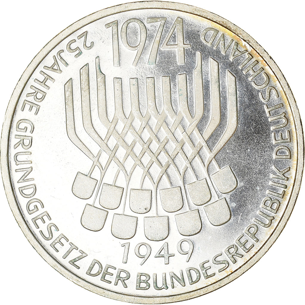 Moneta, Niemcy - RFN, 5 Mark, 1974, Stuttgart, Germany, BE, MS(63), Srebro