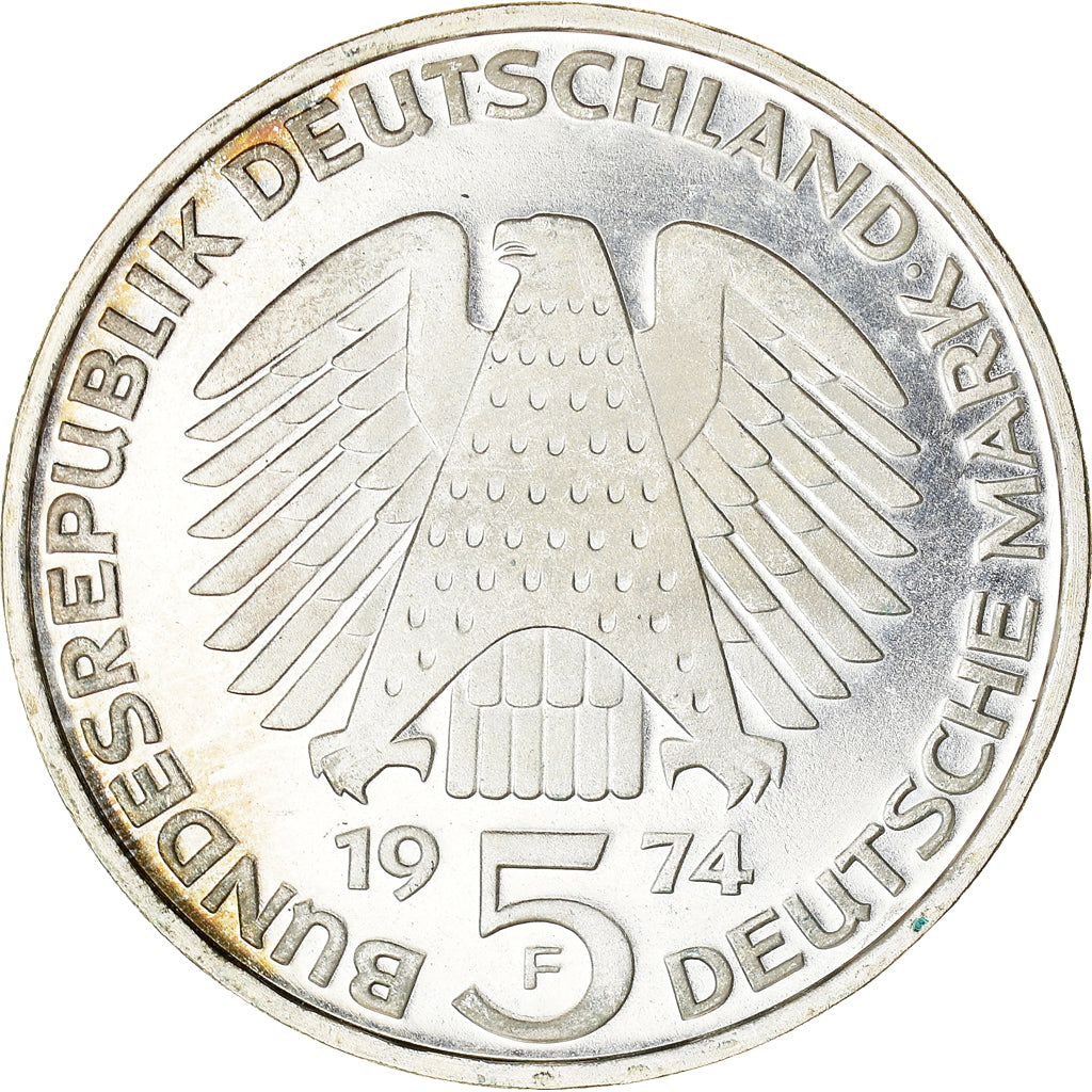Moneta, Niemcy - RFN, 5 Mark, 1974, Stuttgart, Germany, BE, MS(63), Srebro
