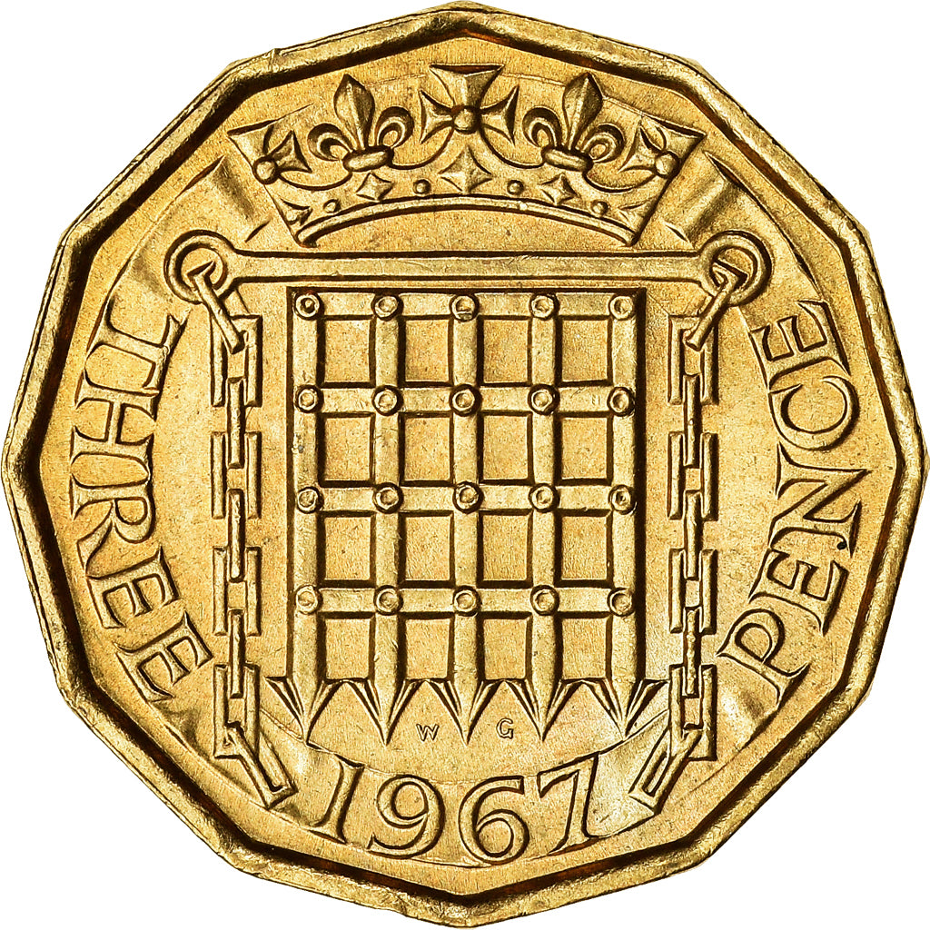 Coin, Great Britain, Elizabeth II, 3 Pence, 1967, AU(50-53), Nickel-brass