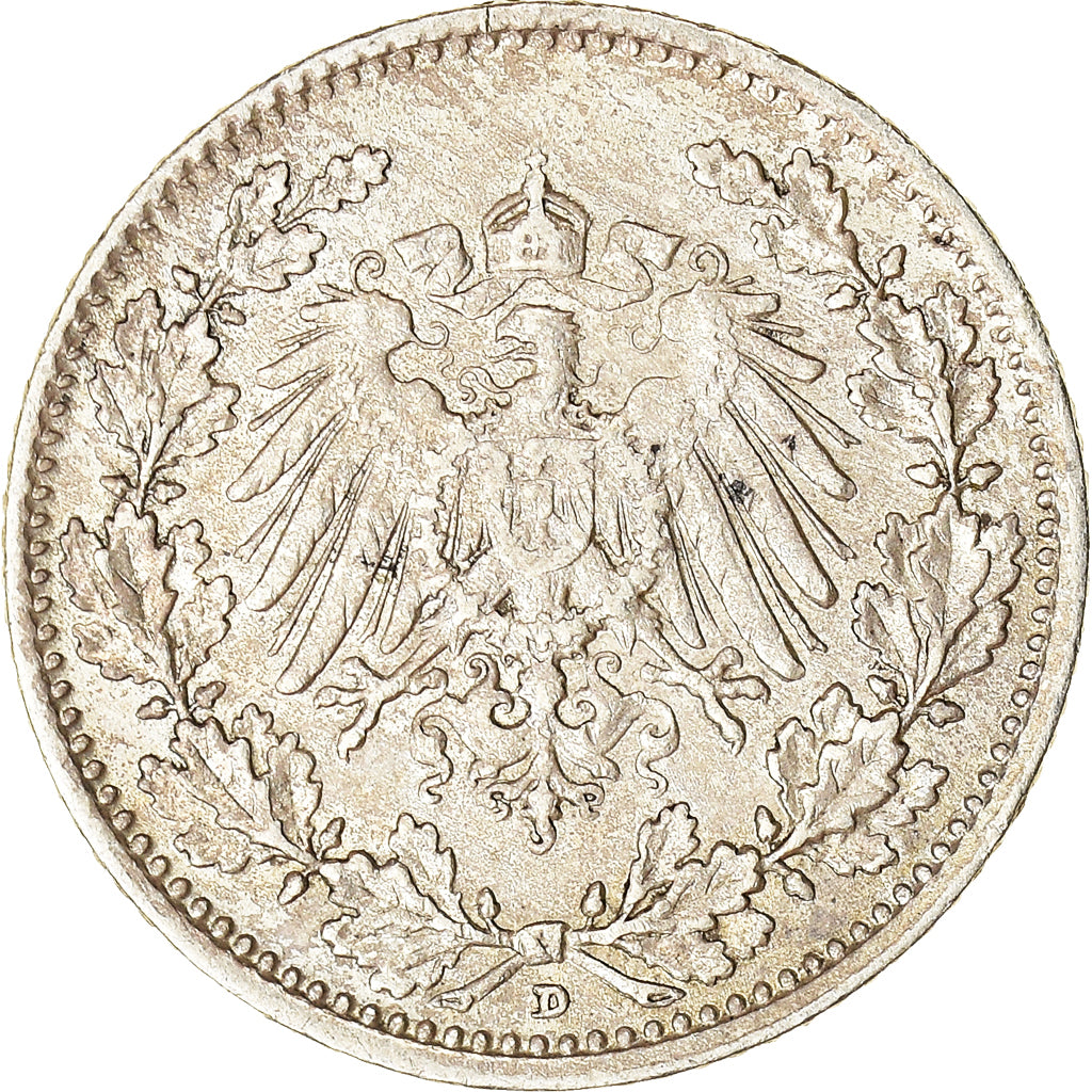 Coin, GERMANY - EMPIRE, 1/2 Mark, 1916, Munich, AU(50-53), Silver, KM:17