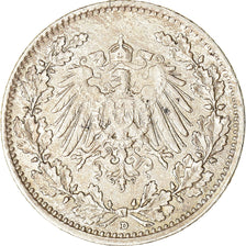 Coin, GERMANY - EMPIRE, 1/2 Mark, 1916, Munich, AU(50-53), Silver, KM:17