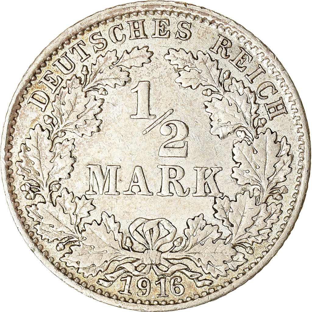 Coin, GERMANY - EMPIRE, 1/2 Mark, 1916, Munich, AU(50-53), Silver, KM:17