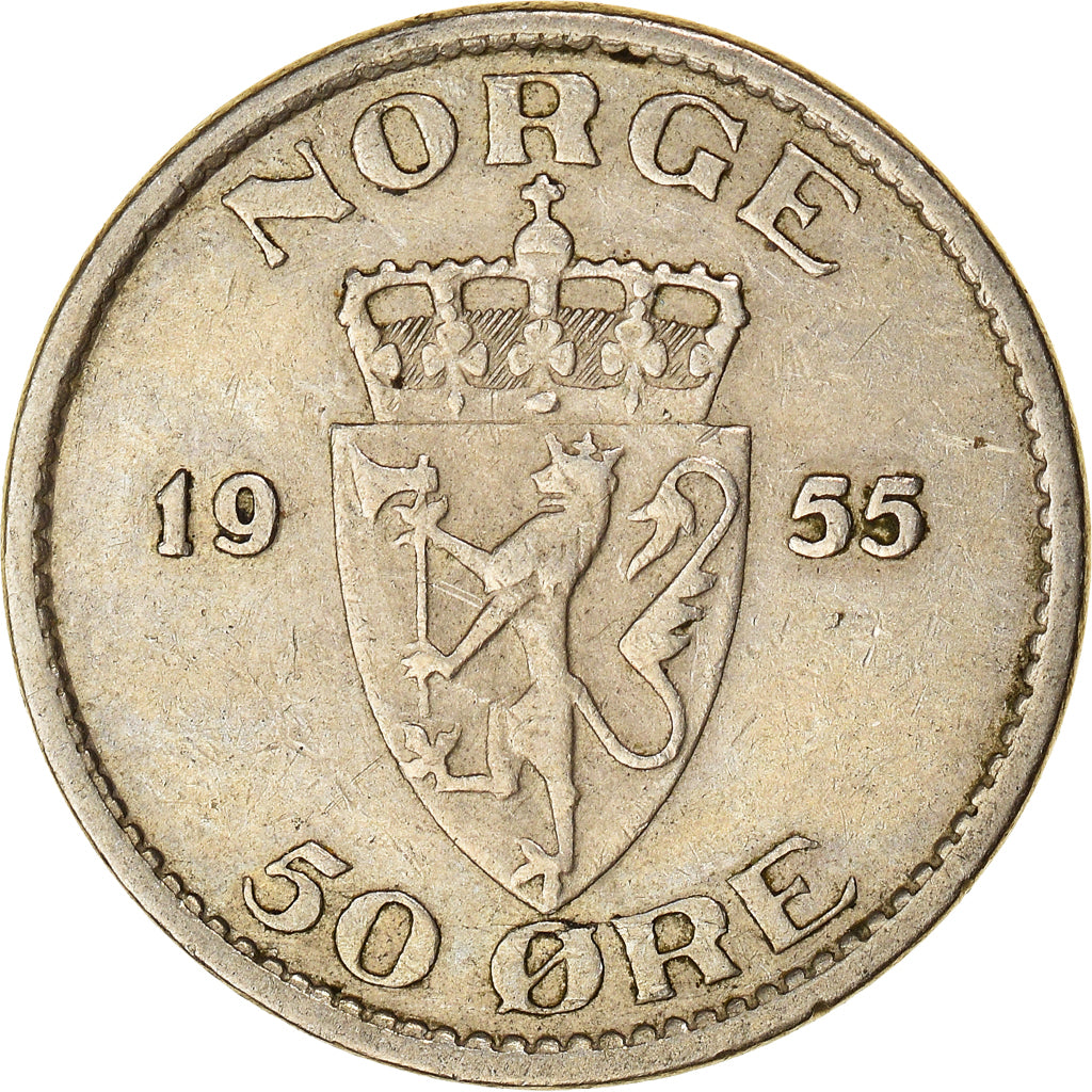 Moneda, Noruega, Haakon VII, 50 Öre, 1955, MBC, Cobre - níquel, KM:402