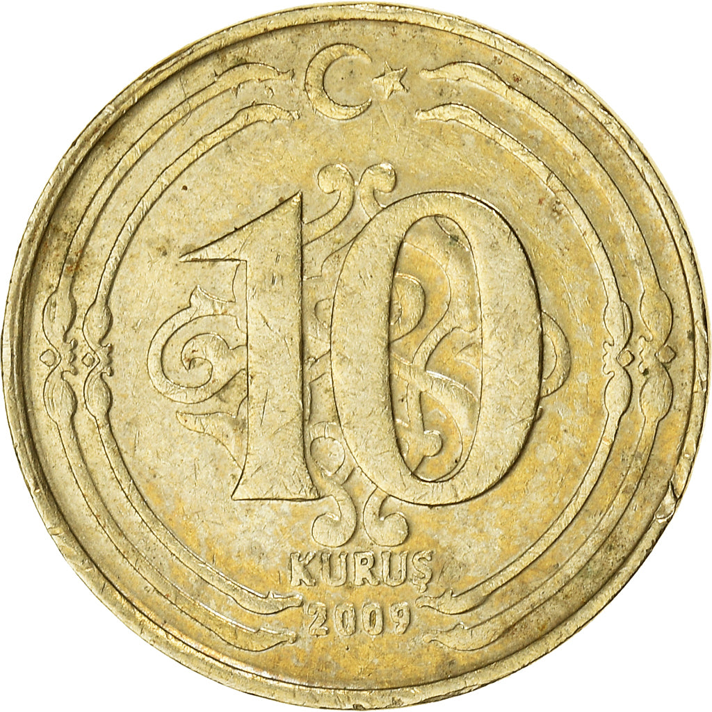 Moneta, Turchia, 10 Kurus, 2009, MB, Ottone, KM:1241