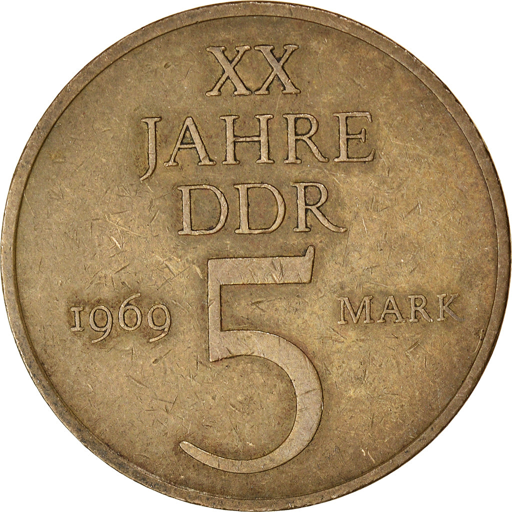 Moneda, REPÚBLICA DEMOCRÁTICA ALEMANA, 5 Mark, 1969, BC+, Níquel - bronce