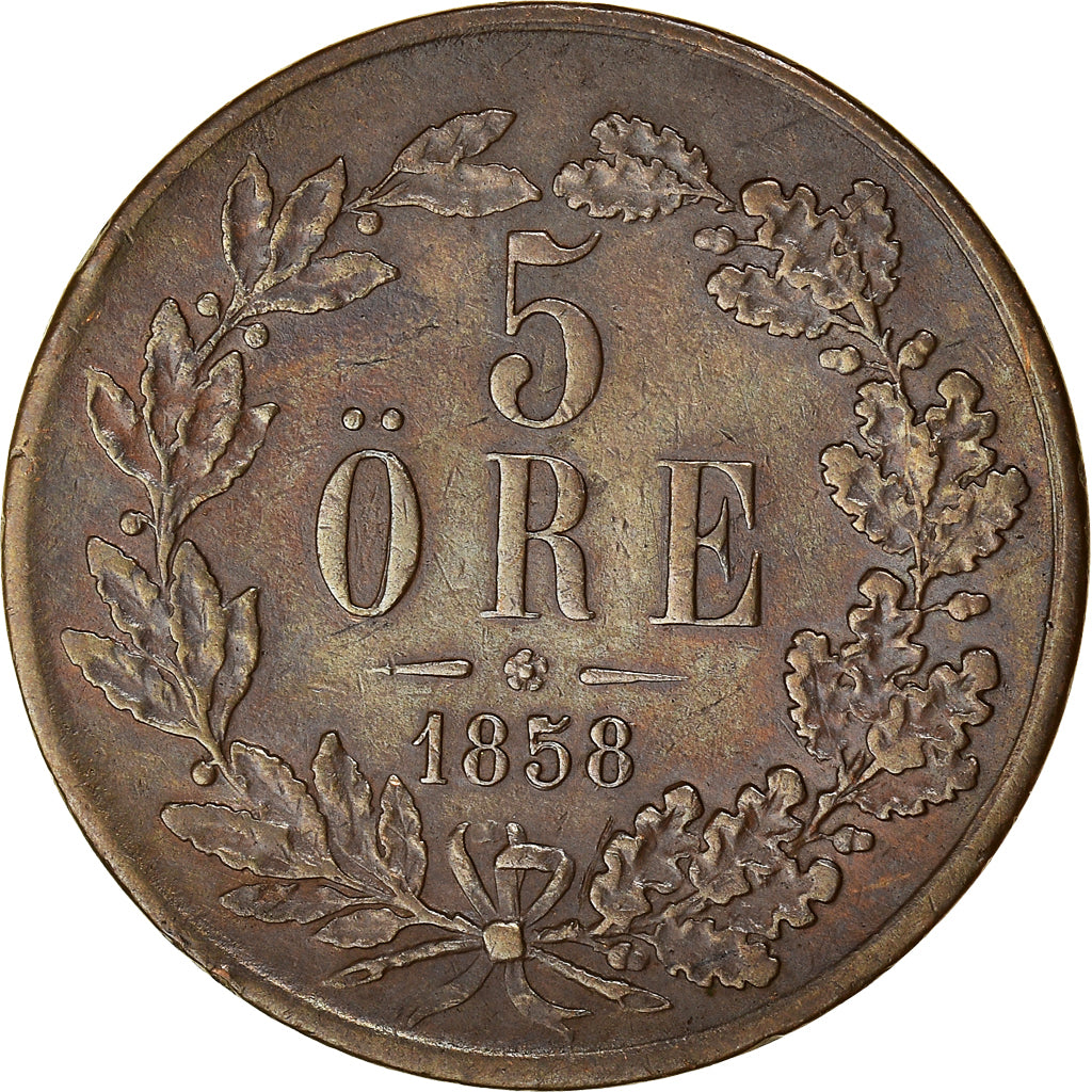 Moneta, Svezia, Oscar I, 5 Öre, 1858, BB, Bronzo, KM:690