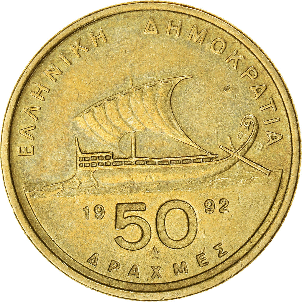 Coin, Greece, 50 Drachmes, 1992, EF(40-45), Aluminum-Bronze, KM:147