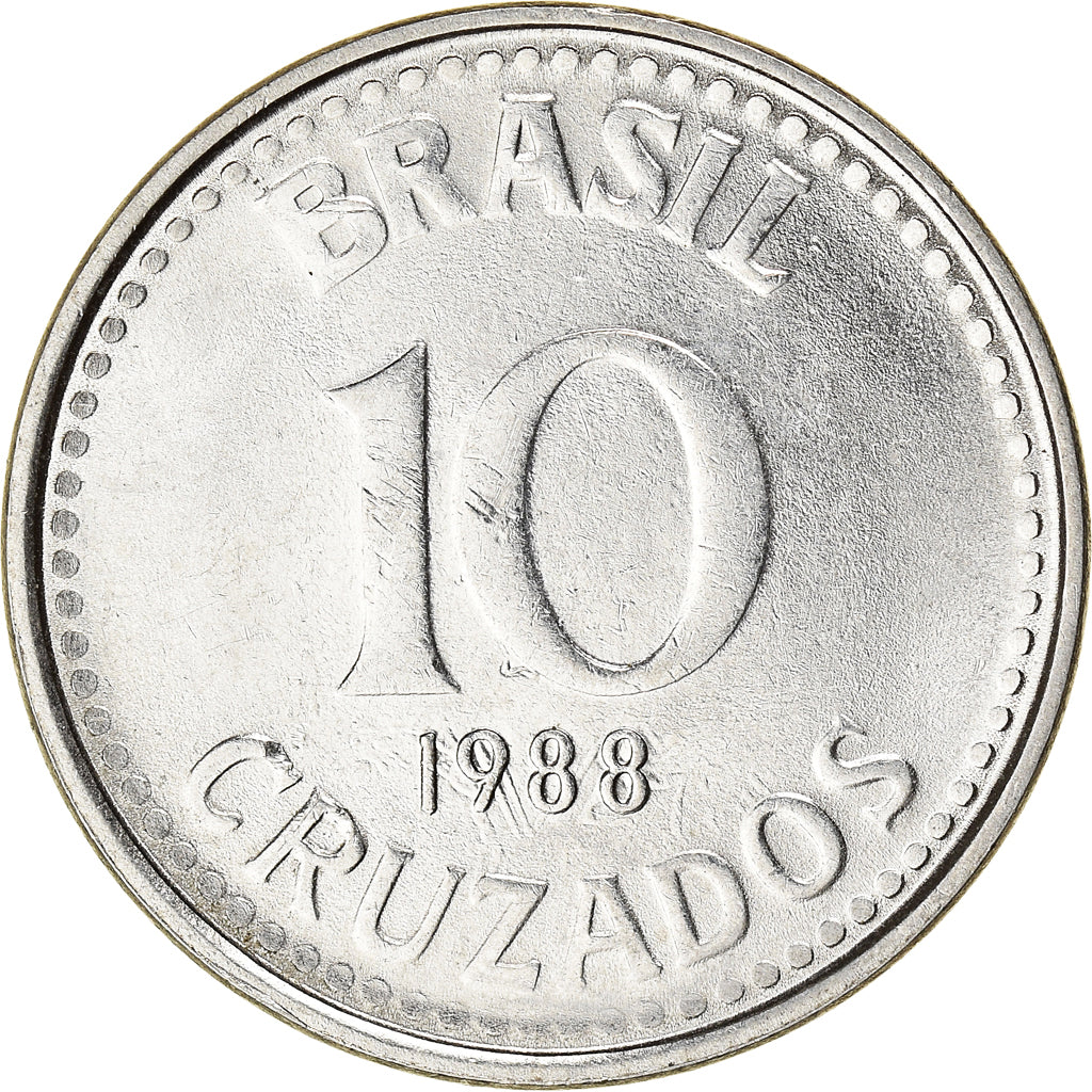 Münze, Brasilien, 10 Cruzados, 1988, SS+, Stainless Steel, KM:607