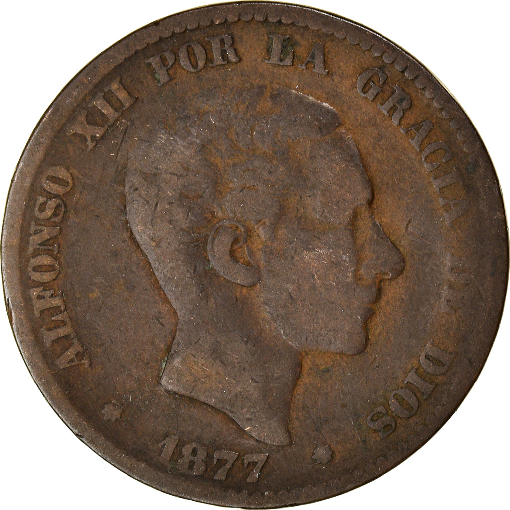 Moneda, España, Alfonso XII, 10 Centimos, 1877, Barcelona, BC+, Bronce, KM:675
