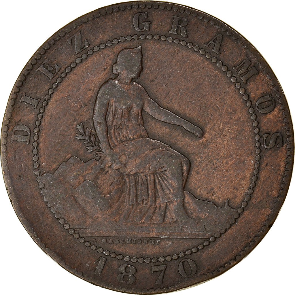 Moneta, Hiszpania, Provisional Government, 10 Centimos, 1870, Madrid, VF(20-25)