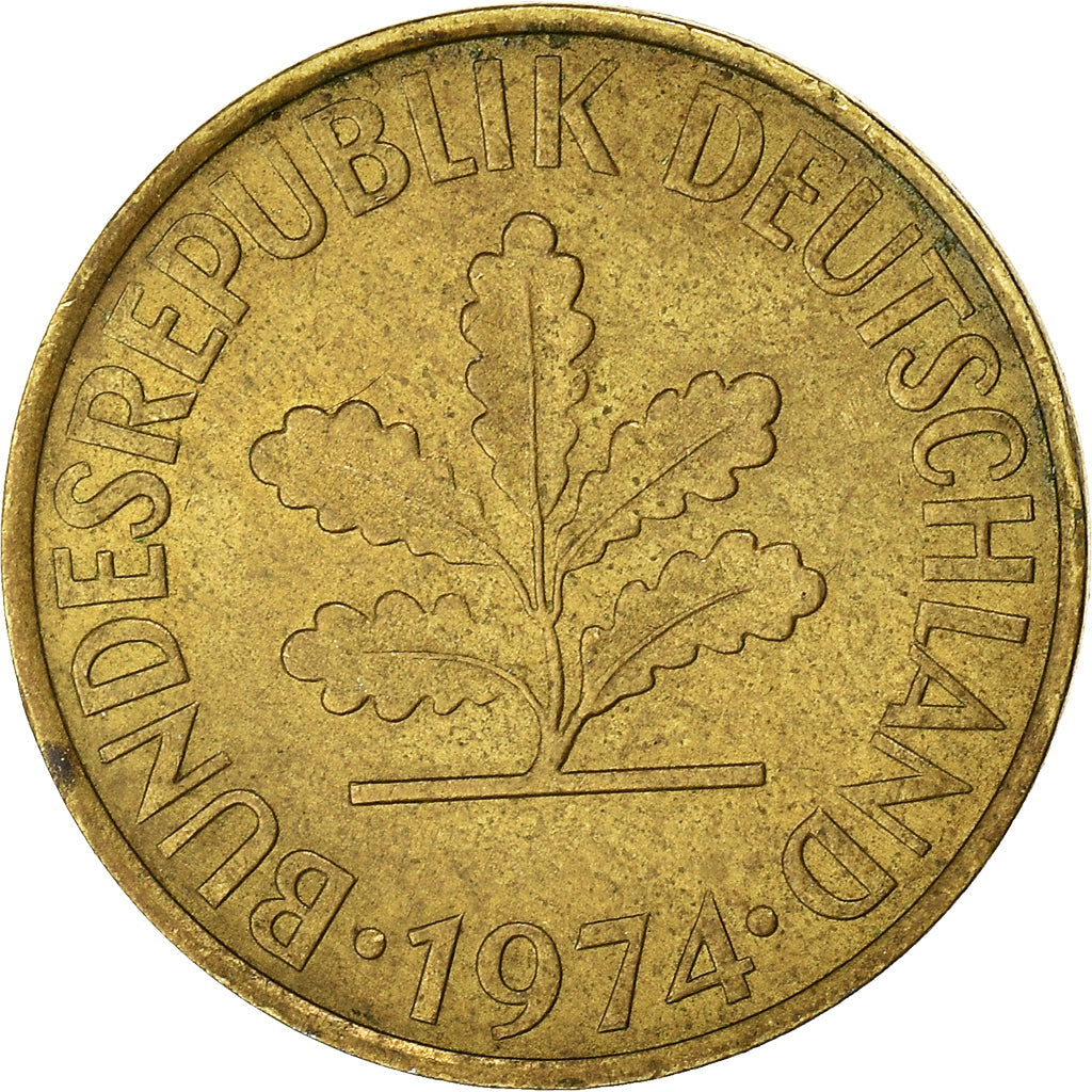 Munten, Federale Duitse Republiek, 10 Pfennig, 1974, Stuttgart, FR+, Brass Clad