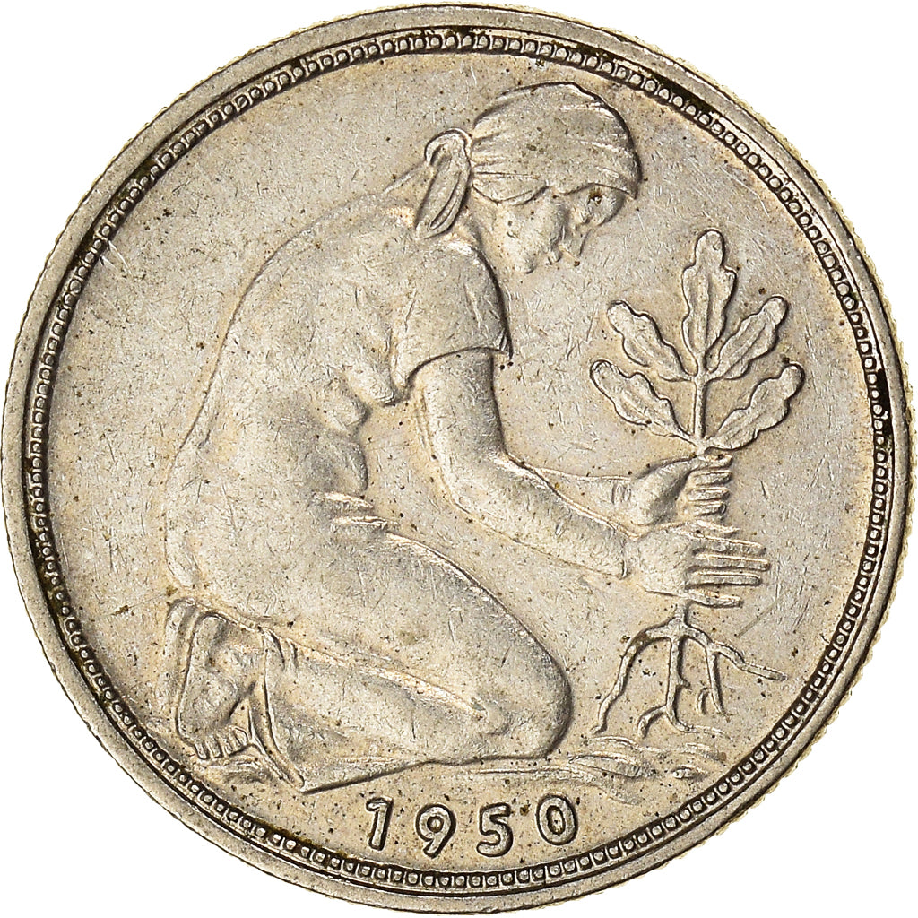 Moeda, ALEMANHA - REPÚBLICA FEDERAL, 50 Pfennig, 1950, Hamburg, VF(30-35)