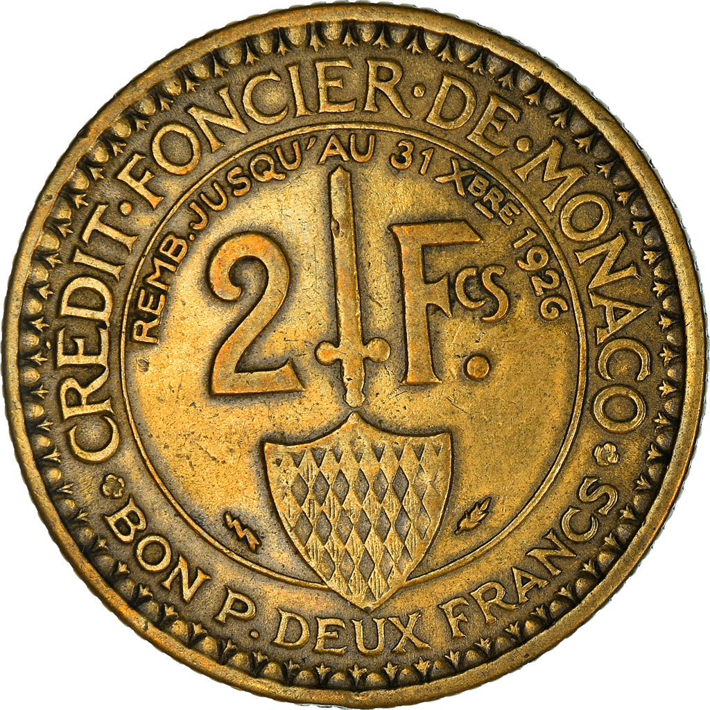 Coin, Monaco, Louis II, 2 Francs, 1924, Poissy, VF(30-35), Aluminum-Bronze