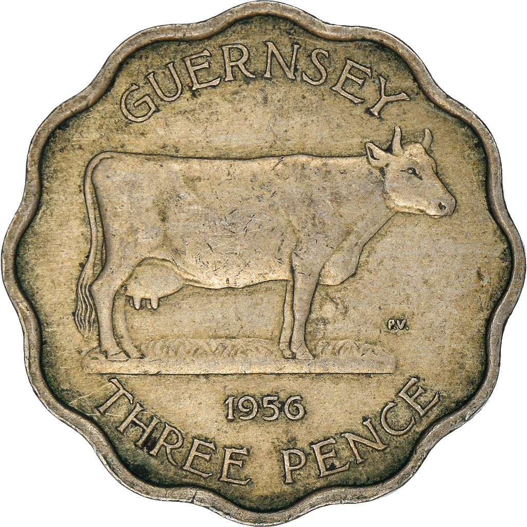 Coin, Guernsey, Elizabeth II, 3 Pence, 1956, Heaton, EF(40-45), Copper-nickel