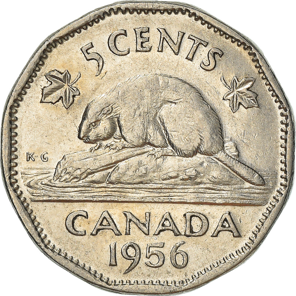 Moneda, Canadá, Elizabeth II, 5 Cents, 1956, Royal Canadian Mint, Ottawa, MBC