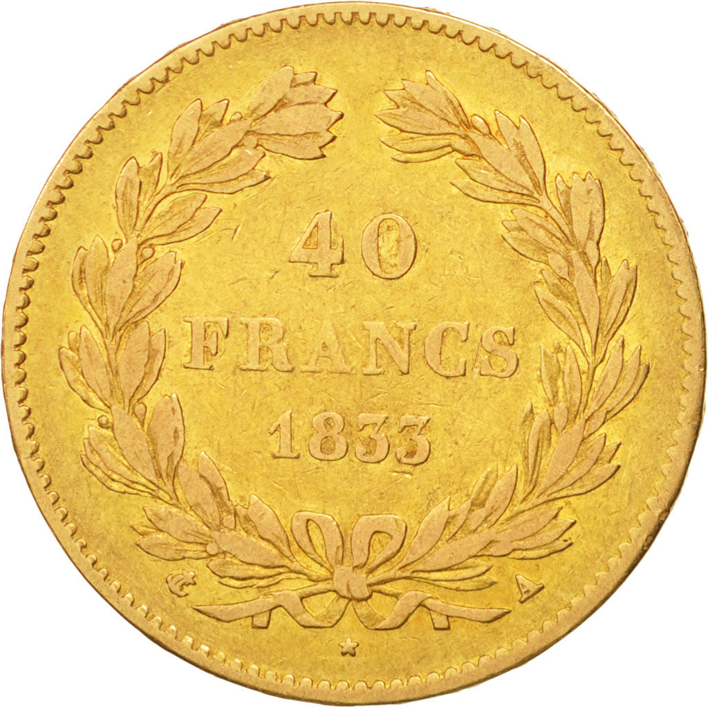 Moneta, Francia, Louis-Philippe, 40 Francs, 1833, Paris, MB+, Oro, KM:747.1