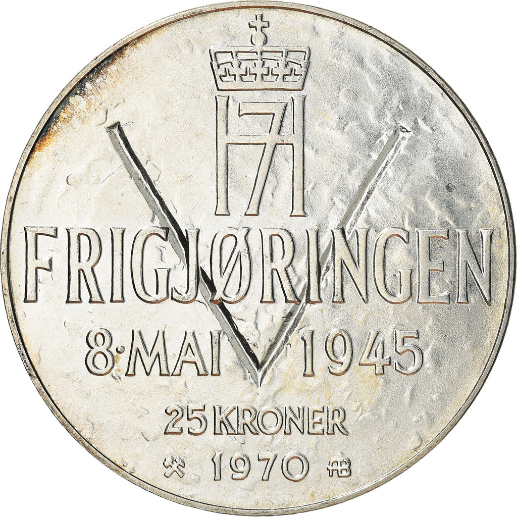 Coin, Norway, Olav V, 25 Kroner, 1970, AU(55-58), Silver, KM:414