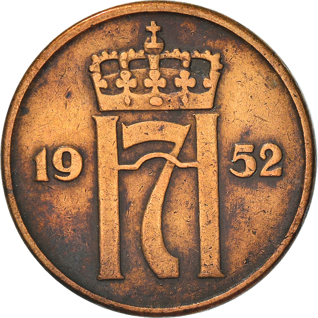Moneda, Noruega, Haakon VII, 5 Öre, 1952, Kongsberg, BC+, Bronce, KM:368