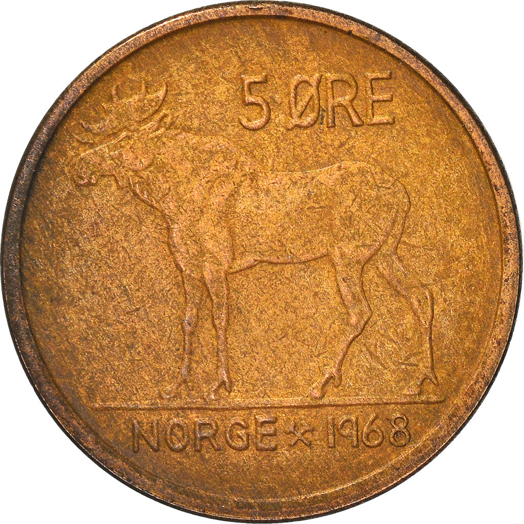 Moneda, Noruega, Olav V, 5 Öre, 1968, BC+, Bronce, KM:405