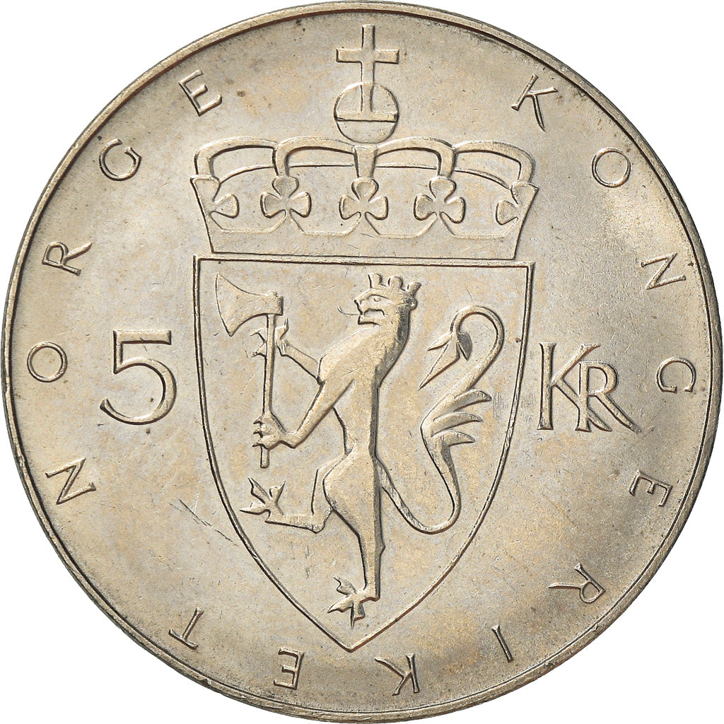 Coin, Norway, Olav V, 5 Kroner, 1975, EF(40-45), Copper-nickel, KM:421