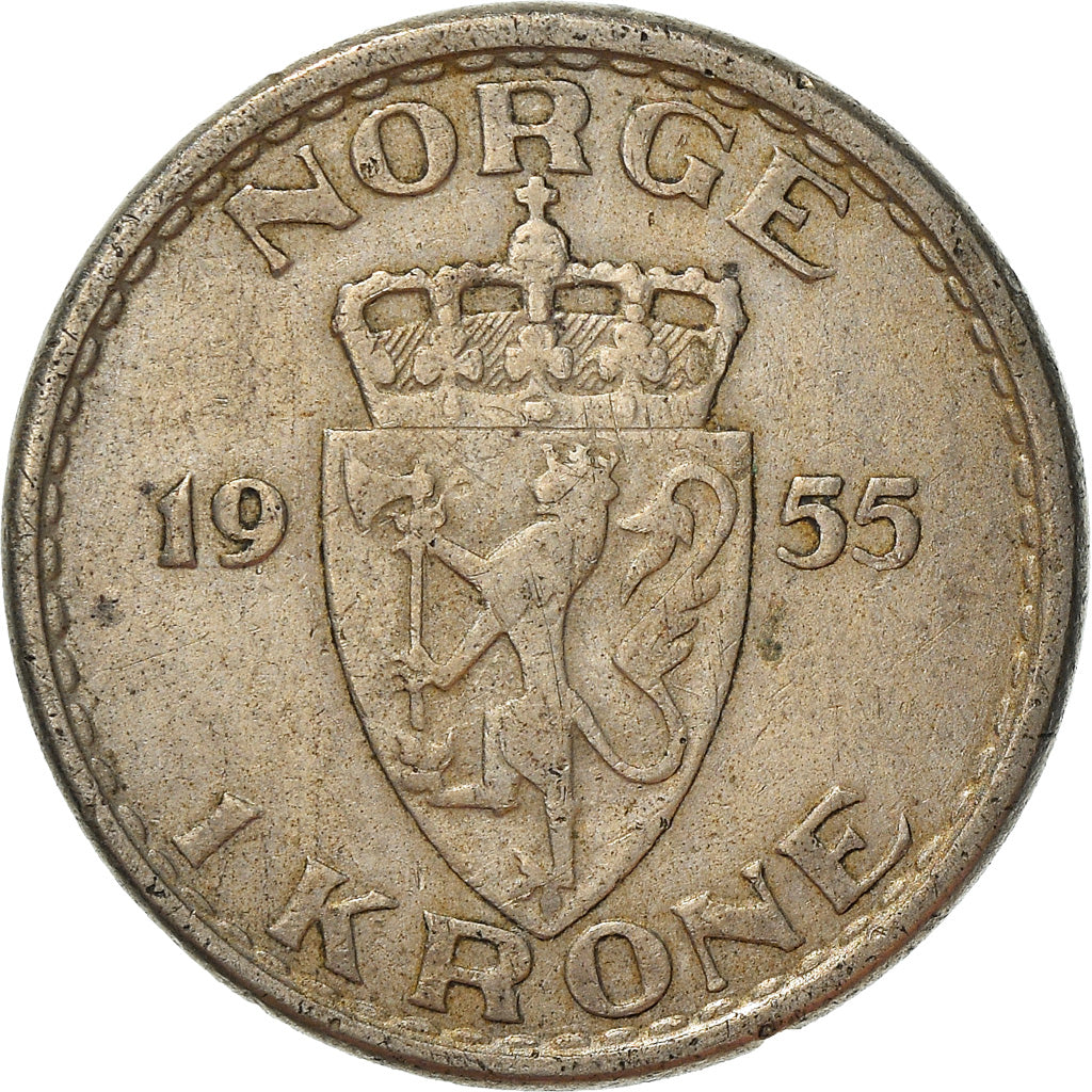 Coin, Norway, Haakon VII, Krone, 1955, VF(30-35), Copper-nickel, KM:397.2