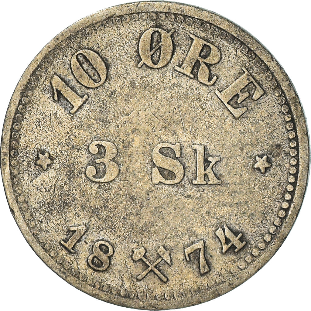 Moneda, Noruega, 10 Öre, 1874, BC+, Plata, KM:345