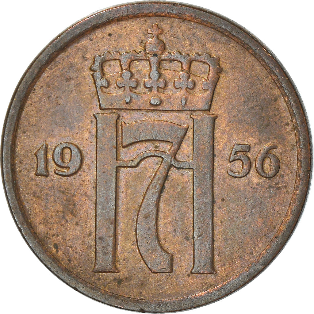 Moneda, Noruega, Haakon VII, 2 Öre, 1956, BC+, Bronce, KM:399
