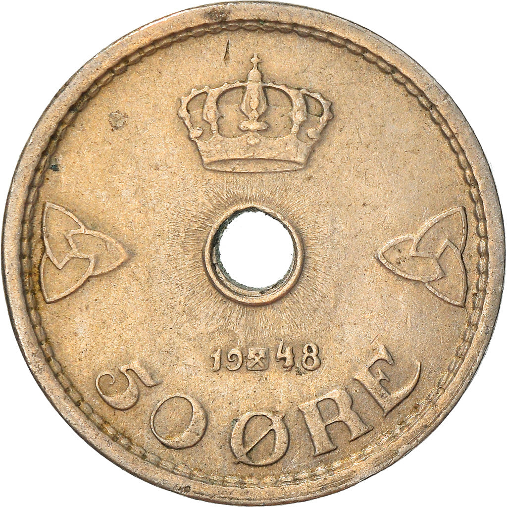 Moneda, Noruega, Haakon VII, 50 Öre, 1948, BC+, Cobre - níquel, KM:386