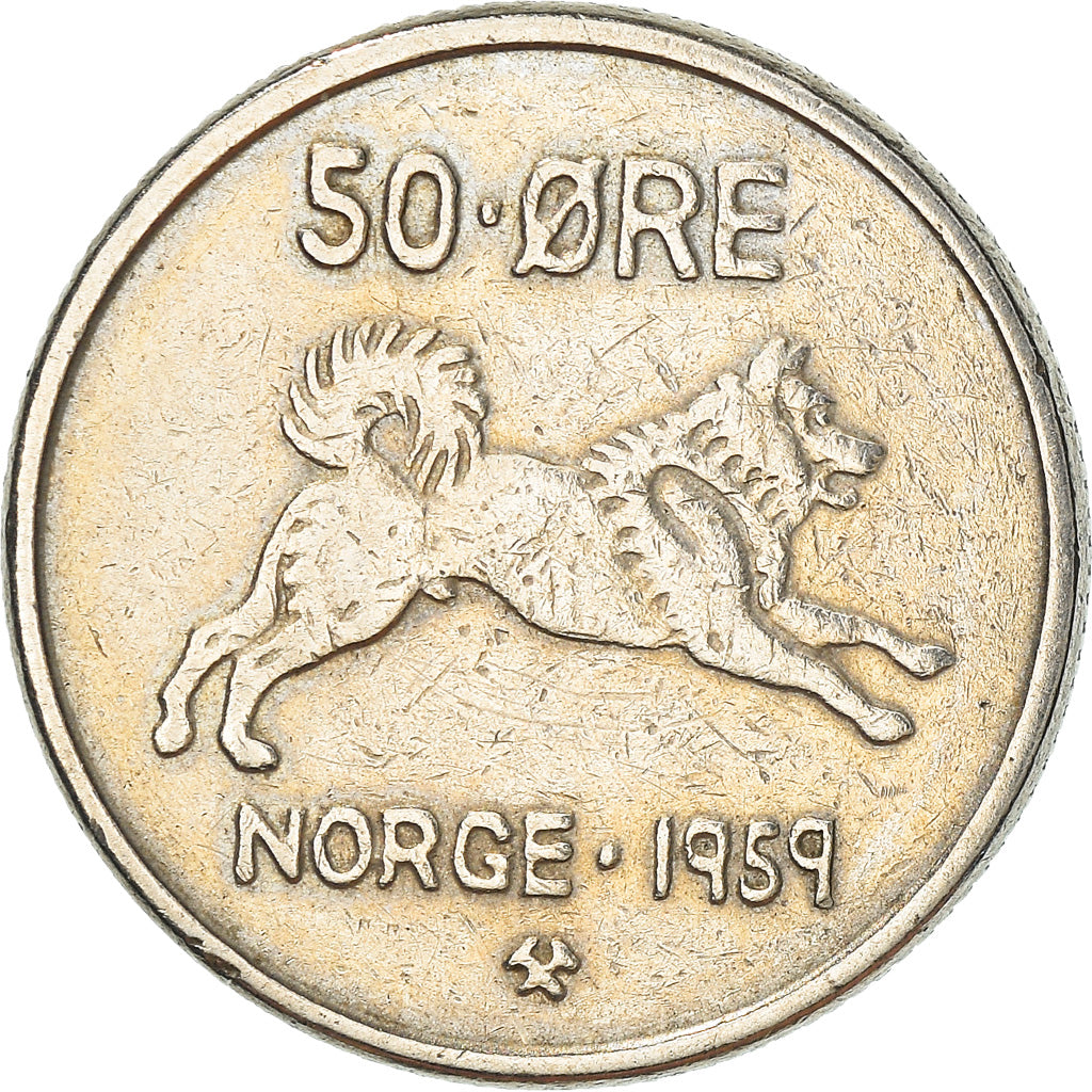 Moneda, Noruega, Olav V, 50 Öre, 1959, MBC, Cobre - níquel, KM:408