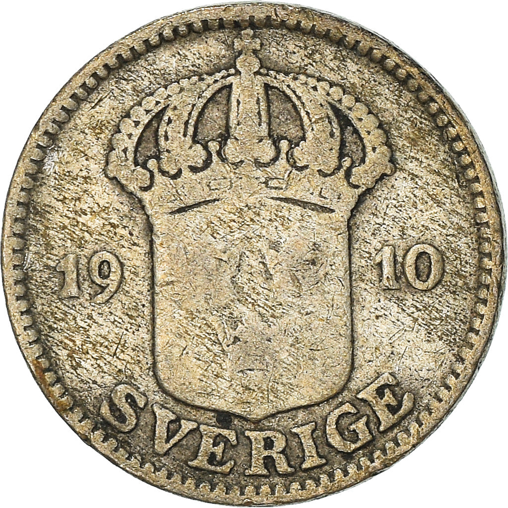 Moneda, Suecia, Gustaf V, 25 Öre, 1910, BC+, Plata, KM:785