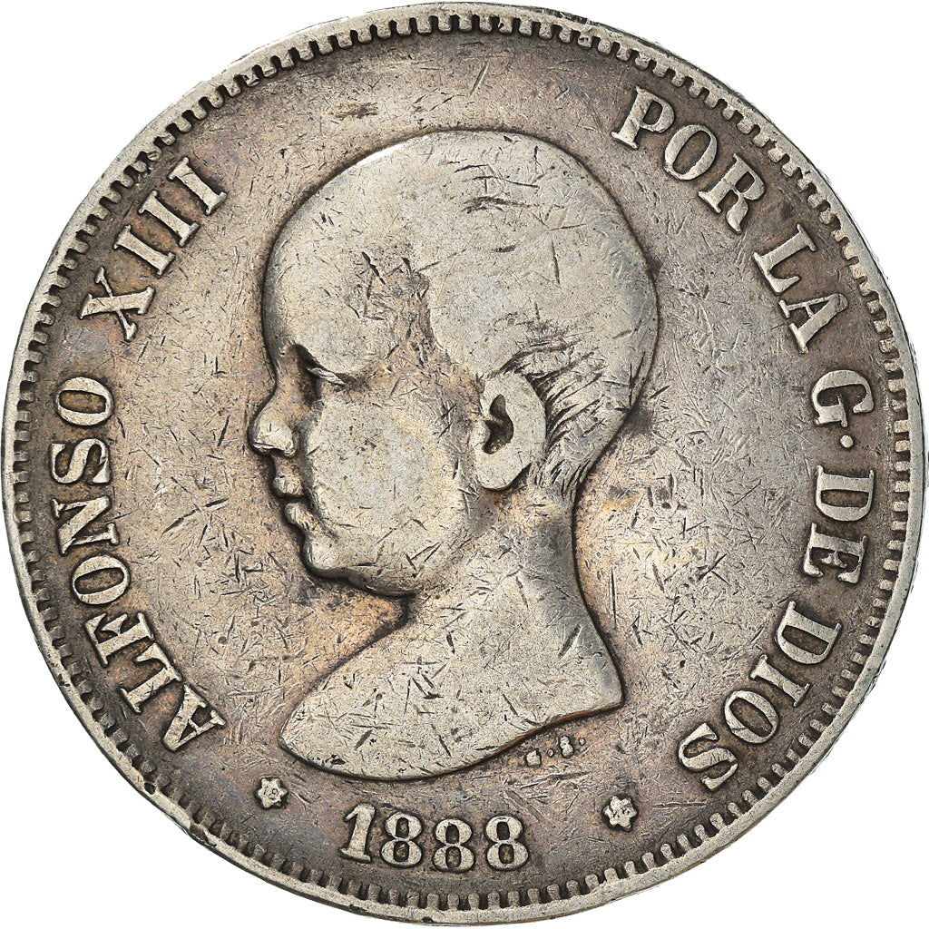 Coin, Spain, Alfonso XIII, 5 Pesetas, 1888, Madrid, VF(30-35), Silver, KM:689