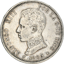 Moneda, España, Alfonso XIII, 2 Pesetas, 1905, Madrid, BC+, Plata, KM:725