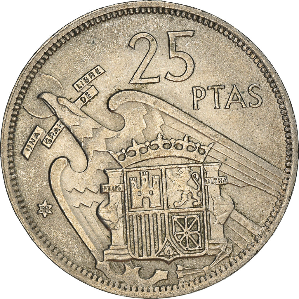 Coin, Spain, Caudillo and regent, 25 Pesetas, 1958, EF(40-45), Copper-nickel