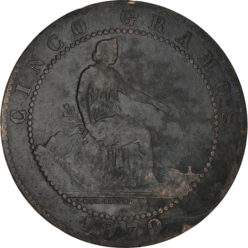Coin, Spain, Provisional Government, 5 Centimos, 1870, VF(20-25), Copper, KM:662