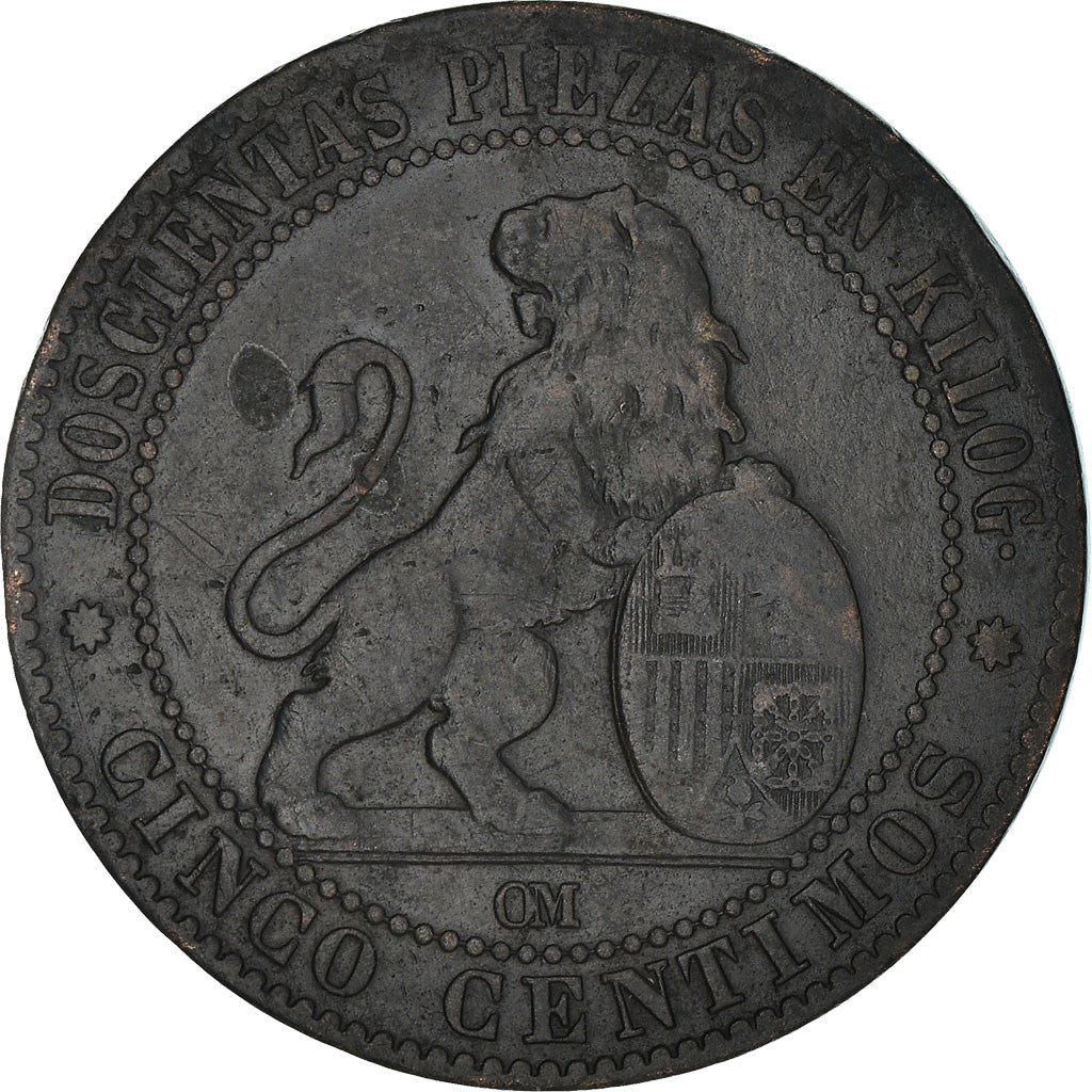 Coin, Spain, Provisional Government, 5 Centimos, 1870, VF(20-25), Copper, KM:662