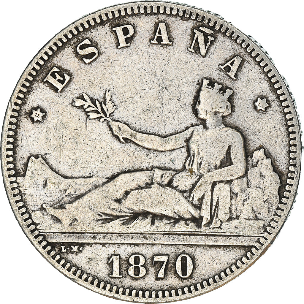 Moneda, España, Provisional Government, 2 Pesetas, 1870, Madrid, BC+, Plata