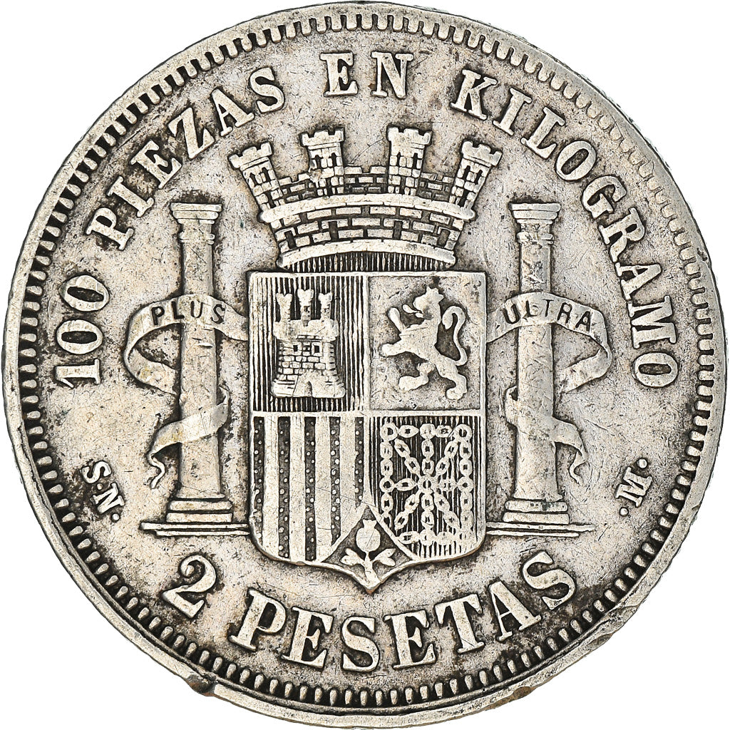 Moneda, España, Provisional Government, 2 Pesetas, 1870, Madrid, BC+, Plata