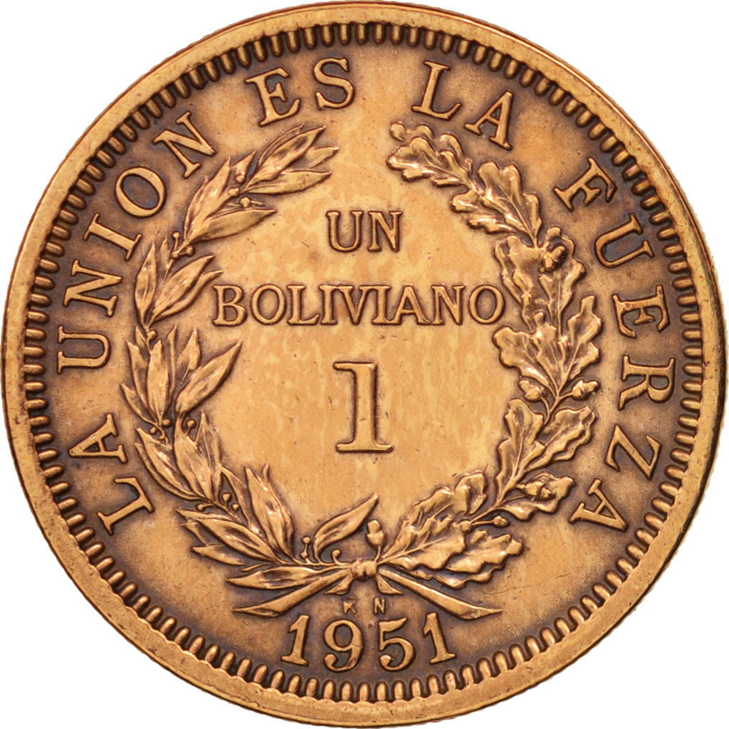 Bolivia, Boliviano, 1951, EF(40-45), Bronze, KM:184