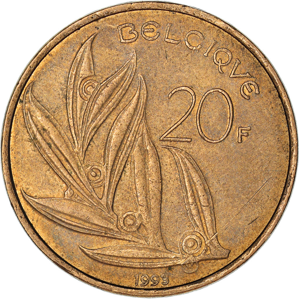 Moeda, Bélgica, 20 Francs, 20 Frank, 1993, EF(40-45), Níquel-Bronze, KM:159