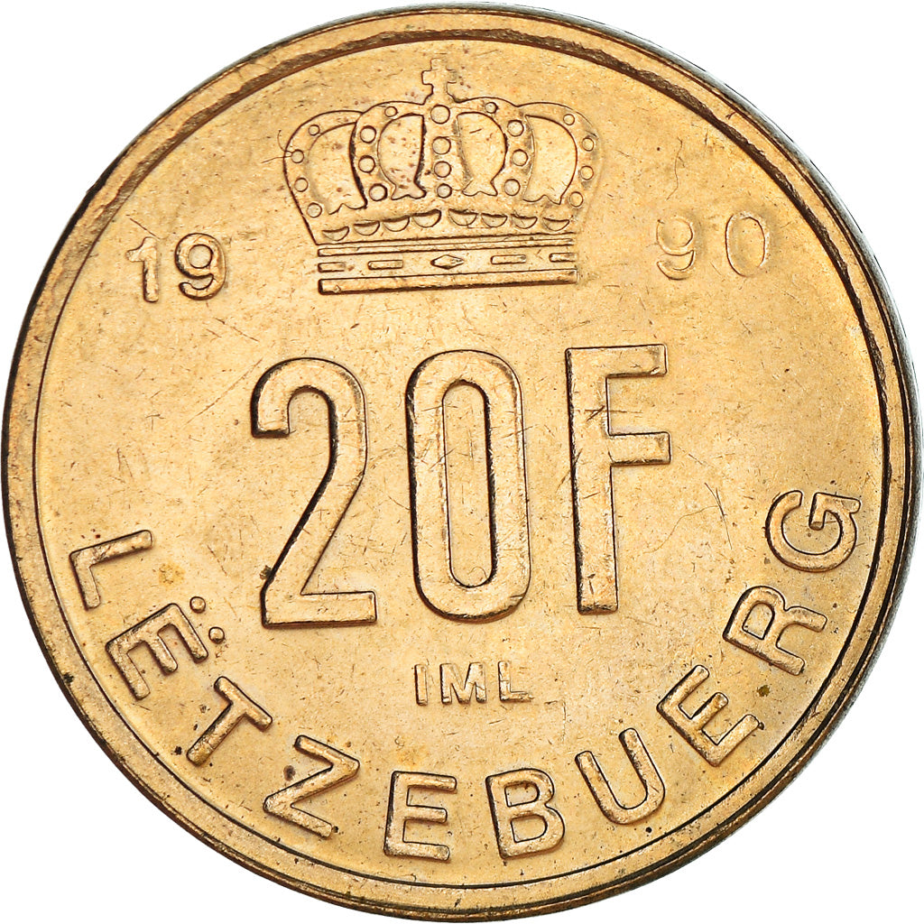 Coin, Luxembourg, Jean, 20 Francs, 1990, EF(40-45), Aluminum-Bronze, KM:67