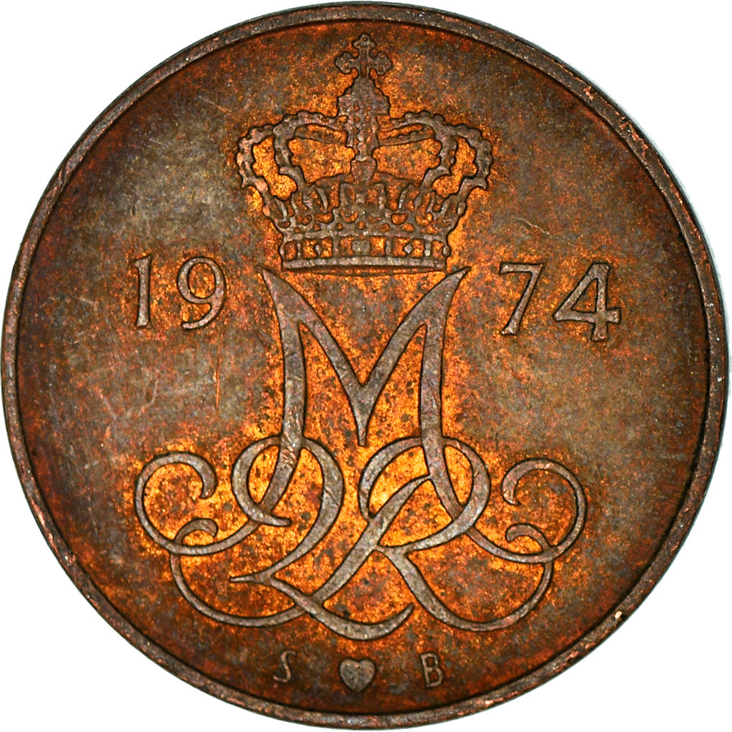 Coin, Denmark, Margrethe II, 5 Öre, 1974, Copenhagen, VF(30-35), Copper Clad