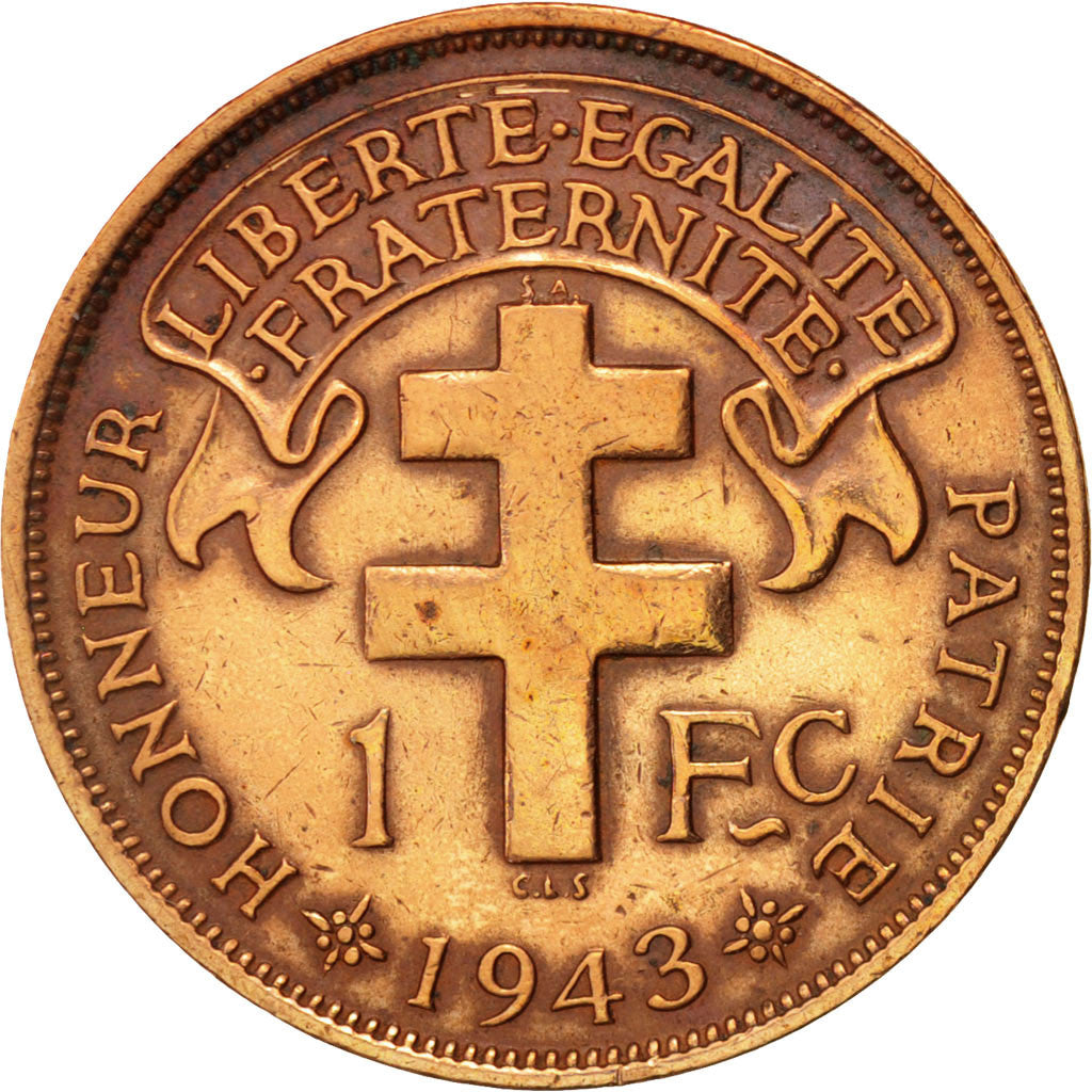 Cameroon, Franc, 1943, Pretoria, EF(40-45), Bronze, KM:5