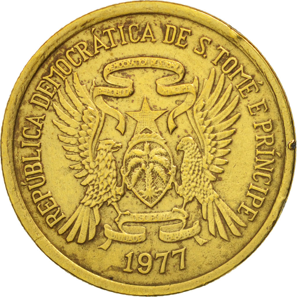 SAINT THOMAS & PRINCE ISLAND, Dobra, 1977, EF(40-45), Brass, KM:26
