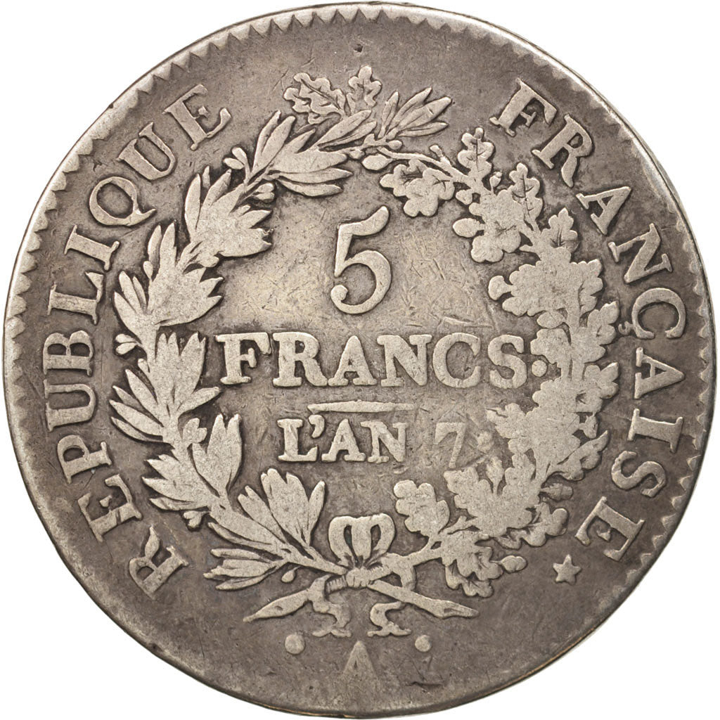 France, Union et Force, 5 Francs, AN 7, Paris, TB, Argent, KM:639.1, Gadoury:563