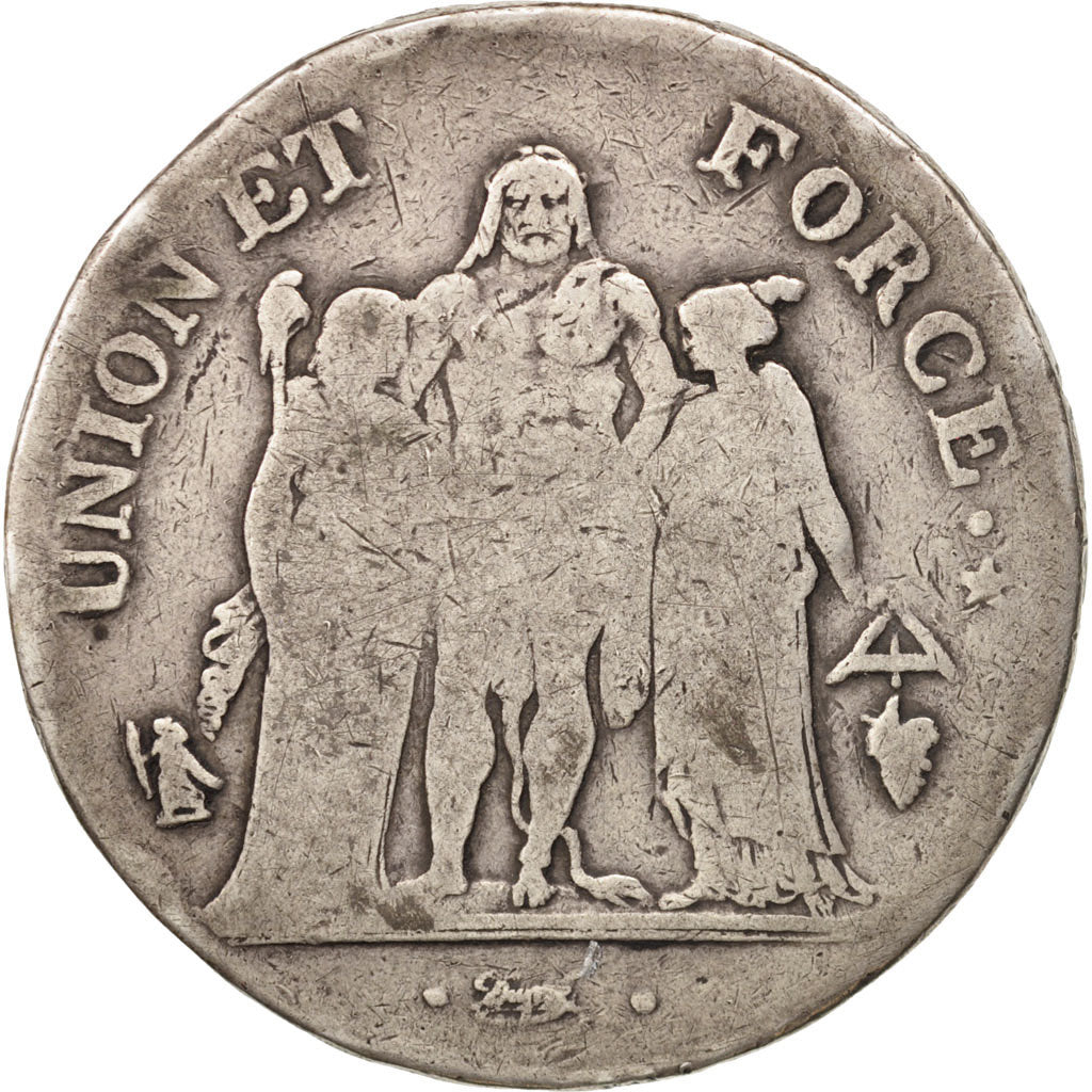 France, Union et Force, 5 Francs, AN 8, Perpignan, VF(20-25), Silver, KM:639.8