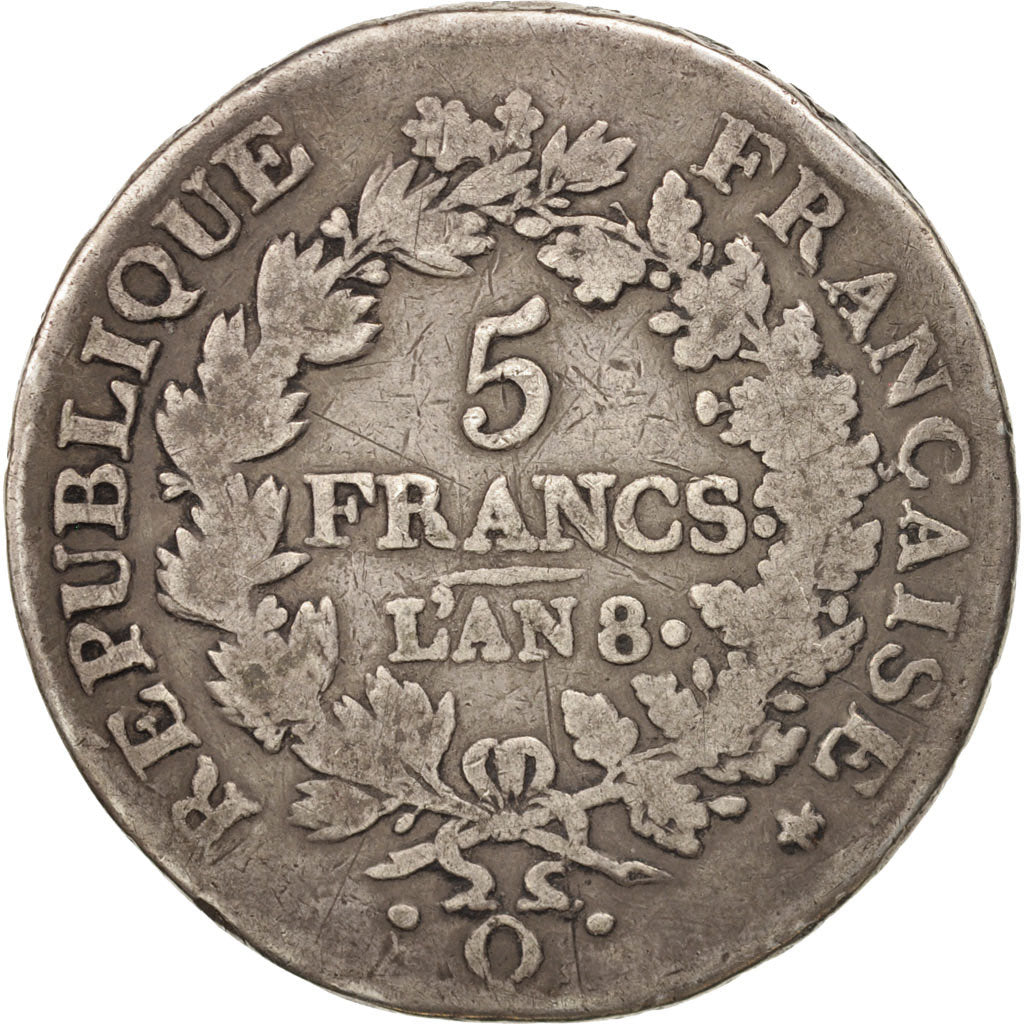 France, Union et Force, 5 Francs, AN 8, Perpignan, VF(20-25), Silver, KM:639.8
